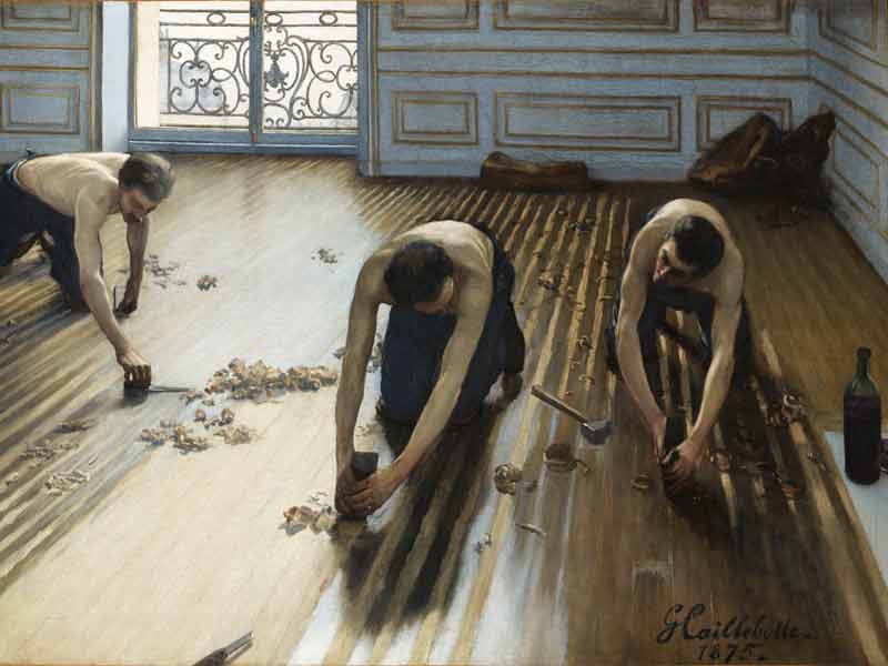 Raboteurs de parquets [Les Raboteurs de parquet], 1875. Huile sur toile. 102 x 145 cm. Paris, musée d’Orsay, don des héritiers de Gustave Caillebotte par l’intermédiaire d’Auguste Renoir, son exécuteur testamentaire, 1894, RF 2718. Photo © musée d’Orsay, dist. RMN-Grand Palais / Patrice Schmidt