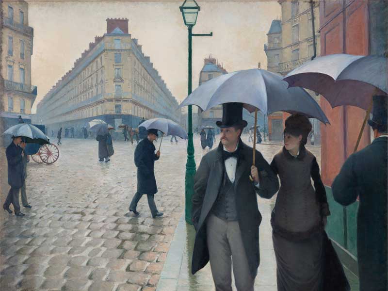 Rue de Paris ; temps de pluie [Rue de Paris, temps de pluie], 1877. Huile sur toile. 212 x 276 cm. Chicago, The Art Institute of Chicago, Charles H. and Mary F. S. Worcester Collection, 1964.336. Image courtesy of The Art Institute of Chicago © DR