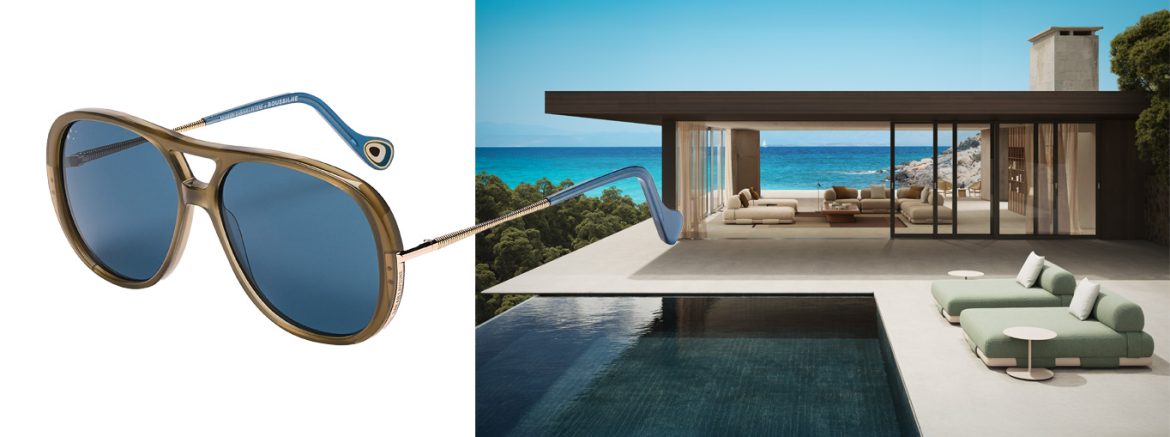 Lunettes Maison Sarah Lavoine by Roussilhe // En photo : l'ambiance Insula Sofa by Patricia Urquiola, Kettal. Canapé modulaire et mobilier indoor-outdoor (kettal.com)