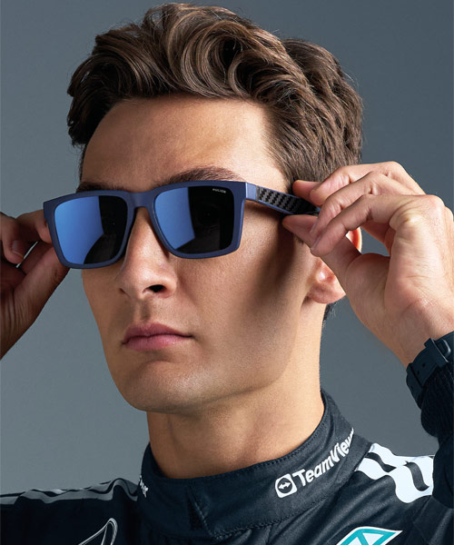 Le champion de Formule 1 George Russell porte la collection exclusive Police X Mercedes by De Rigo.