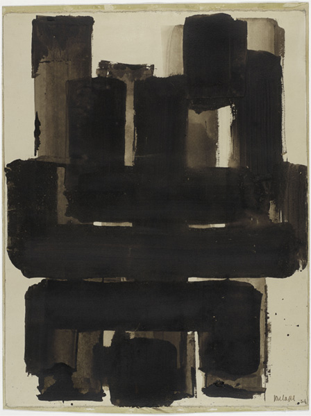 Pierre Soulages. Brou de noix sur papier collé sur carton 65 x 50 cm