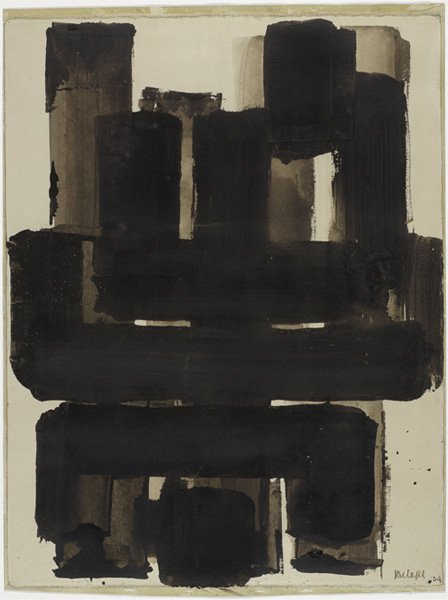 Pierre Soulages. Brou de noix sur papier collé sur carton 65 x 50 cm